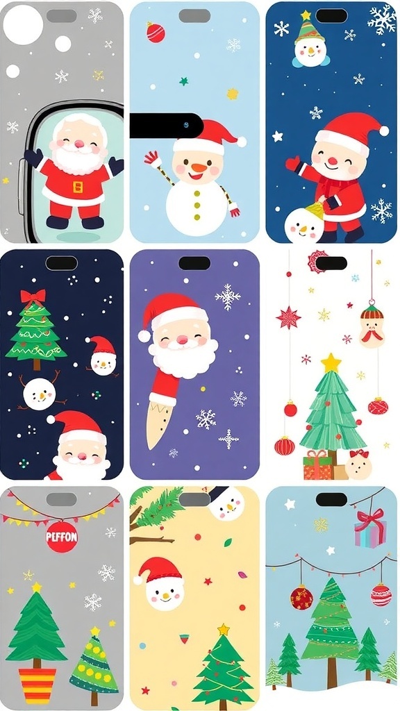 Cute Christmas wallpapers for iPhone 15 featuring Santa, snowmen, and Christmas trees.